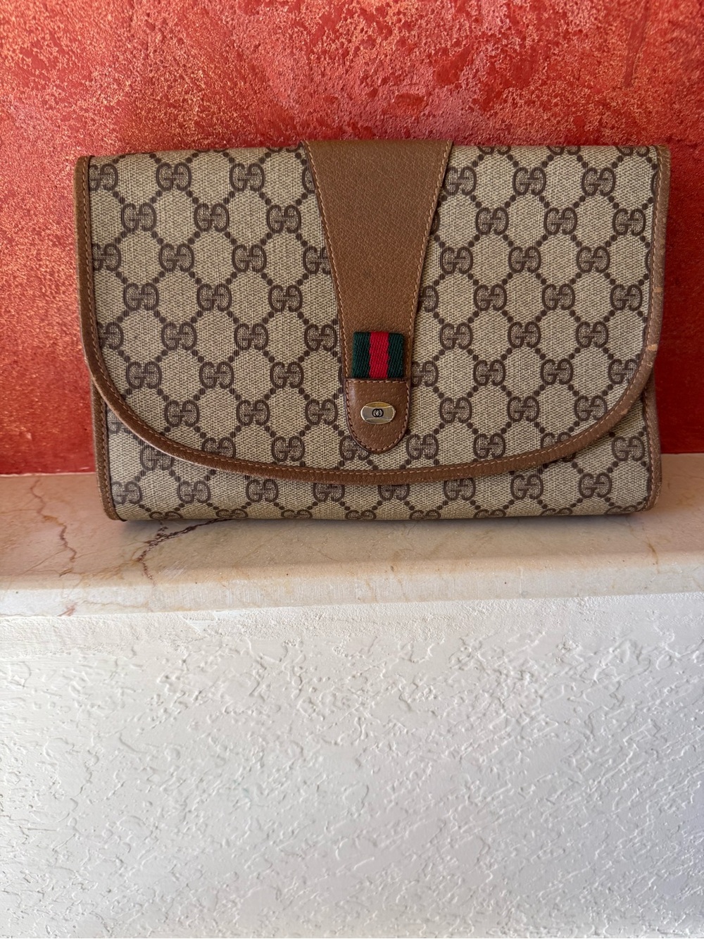 Gucci Brown Monogram Canvas Fold-Over Clutch with Green-Red Web - Picture 7 of 11